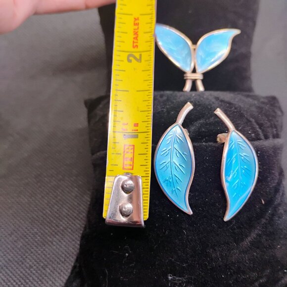 David Andersen Norway Sterling Blue Enamel Double Brooch & Clip-On Earrings Set - Picture 5 of 10